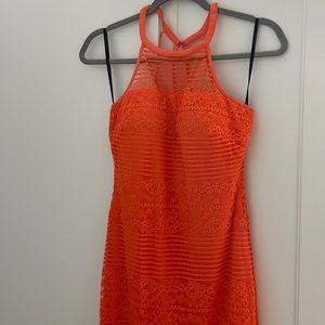 Orange Halter Floral Lace Midi Dress